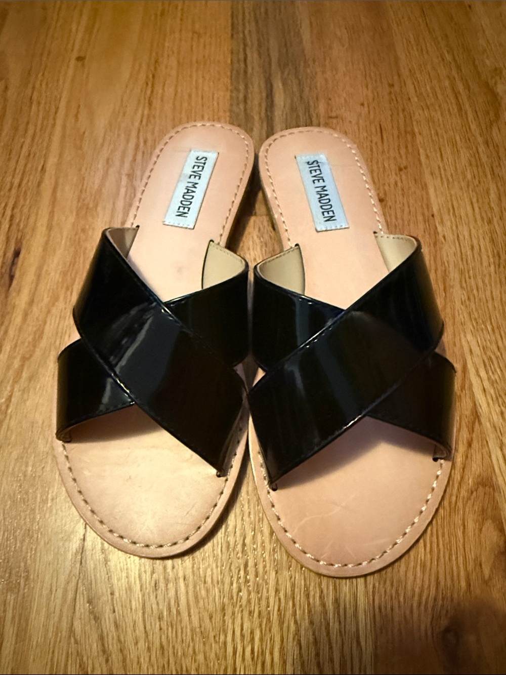 Steve Madden Black Patent Crisscross Slide Mules NWOT